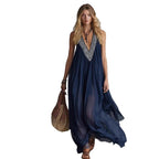 Navy Blue Sequin Maxi Dress - Sleeveless V Neck Chiffon Evening Gown for Women