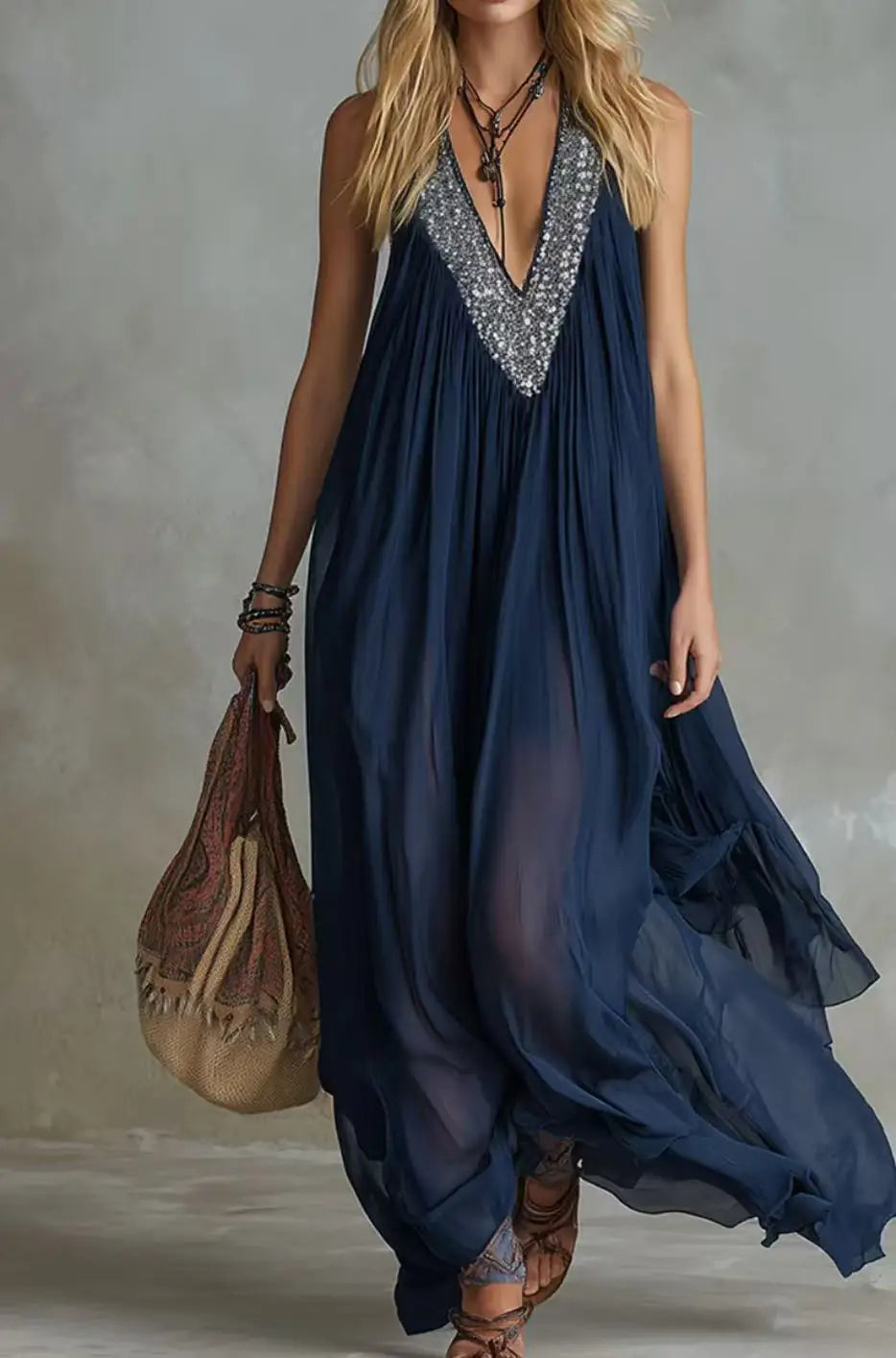 Navy Blue Sequin Maxi Dress - Sleeveless V Neck Chiffon Evening Gown for Women