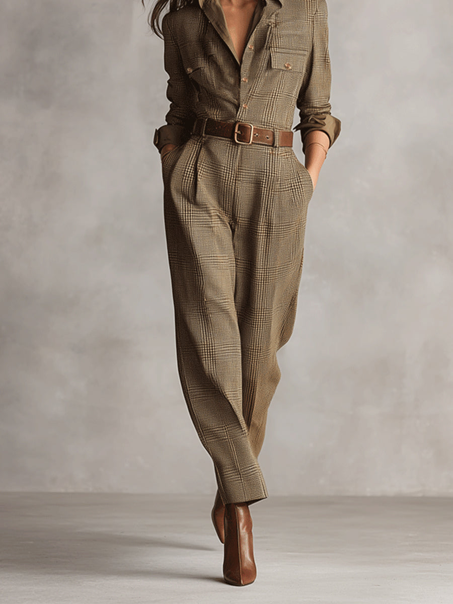 Brown Tweed Plaid Utility Jumpsuit for Women - Sophisticated Design, No Belt