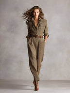 Brown Tweed Plaid Utility Jumpsuit for Women - Sophisticated Design, No Belt
