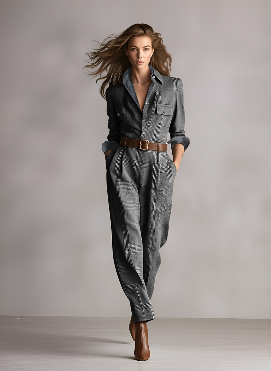 Brown Tweed Plaid Utility Jumpsuit for Women - Sophisticated Design, No Belt