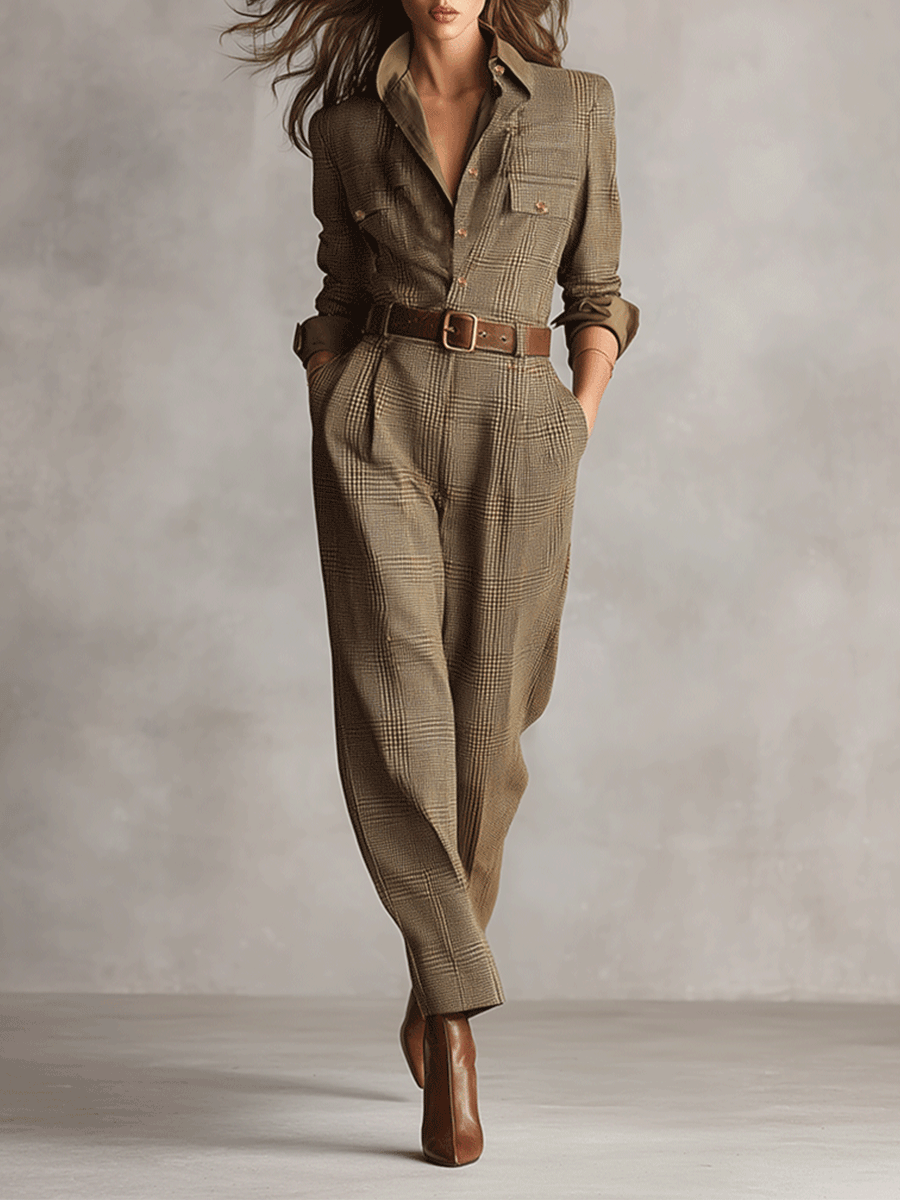 Brown Tweed Plaid Utility Jumpsuit for Women - Sophisticated Design, No Belt