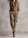 Brown Tweed Plaid Utility Jumpsuit for Women - Sophisticated Design, No Belt