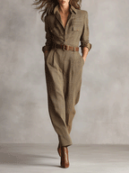 Brown Tweed Plaid Utility Jumpsuit for Women - Sophisticated Design, No Belt