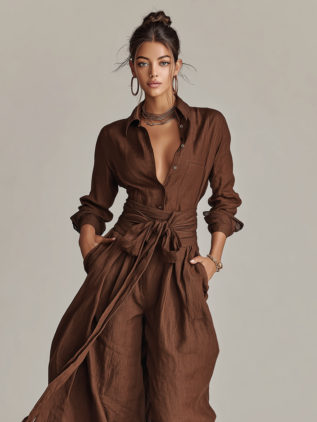 Brown Woven Cotton-Linen Long-Sleeved Jumpsuit with Belt for Women