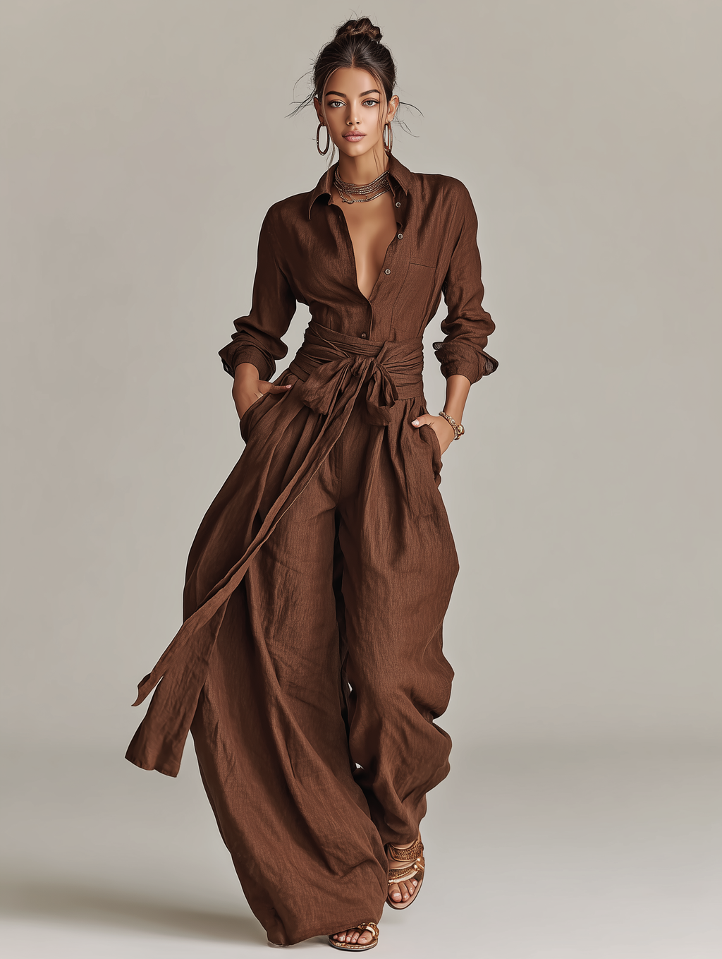 Brown Woven Cotton-Linen Long-Sleeved Jumpsuit with Belt for Women