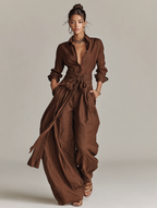 Brown Woven Cotton-Linen Long-Sleeved Jumpsuit with Belt for Women