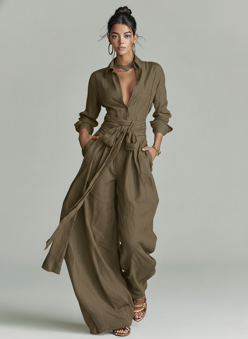 Brown Woven Cotton-Linen Long-Sleeved Jumpsuit with Belt for Women