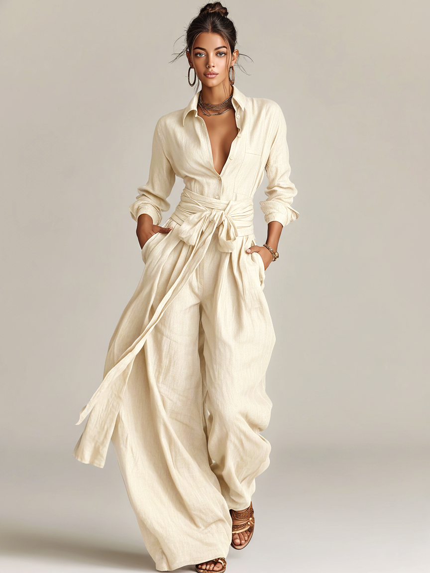 Brown Woven Cotton-Linen Long-Sleeved Jumpsuit with Belt for Women