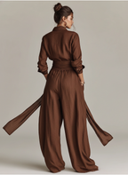 Brown Woven Cotton-Linen Long-Sleeved Jumpsuit with Belt for Women