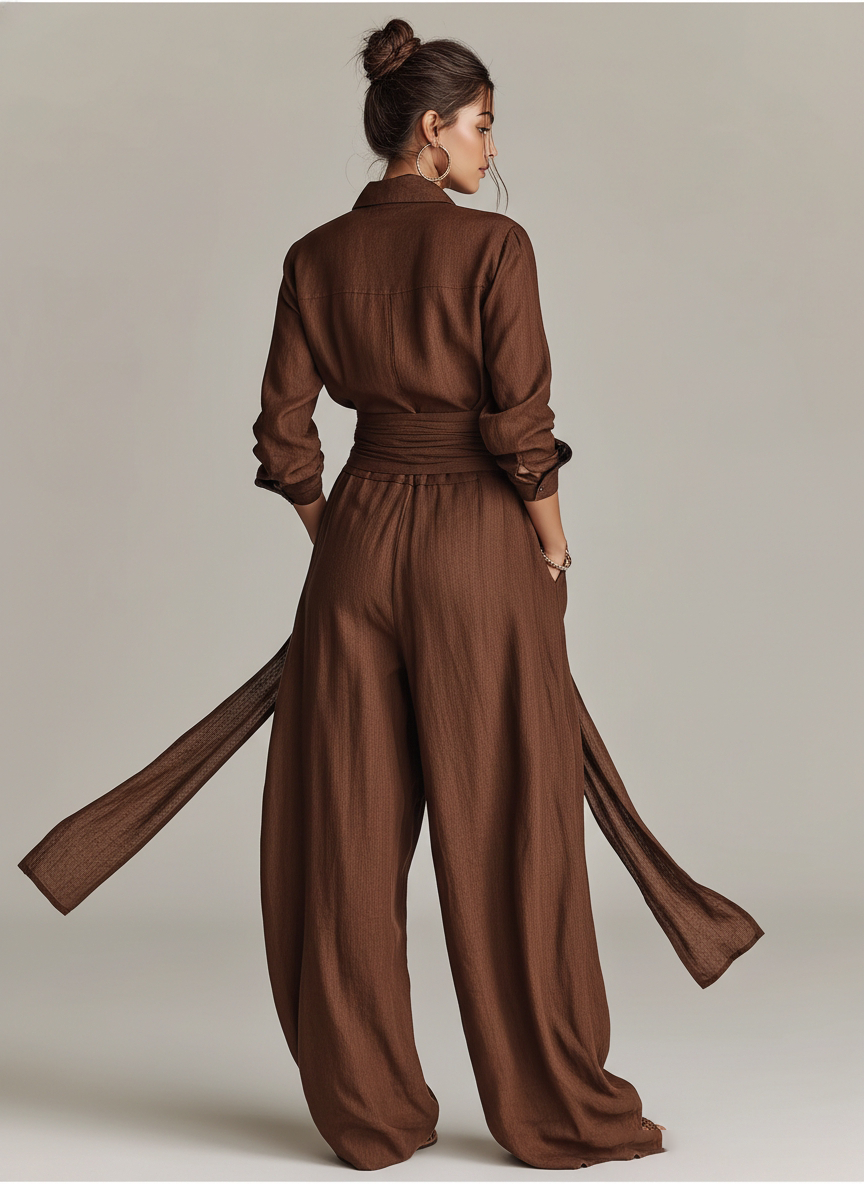 Brown Woven Cotton-Linen Long-Sleeved Jumpsuit with Belt for Women