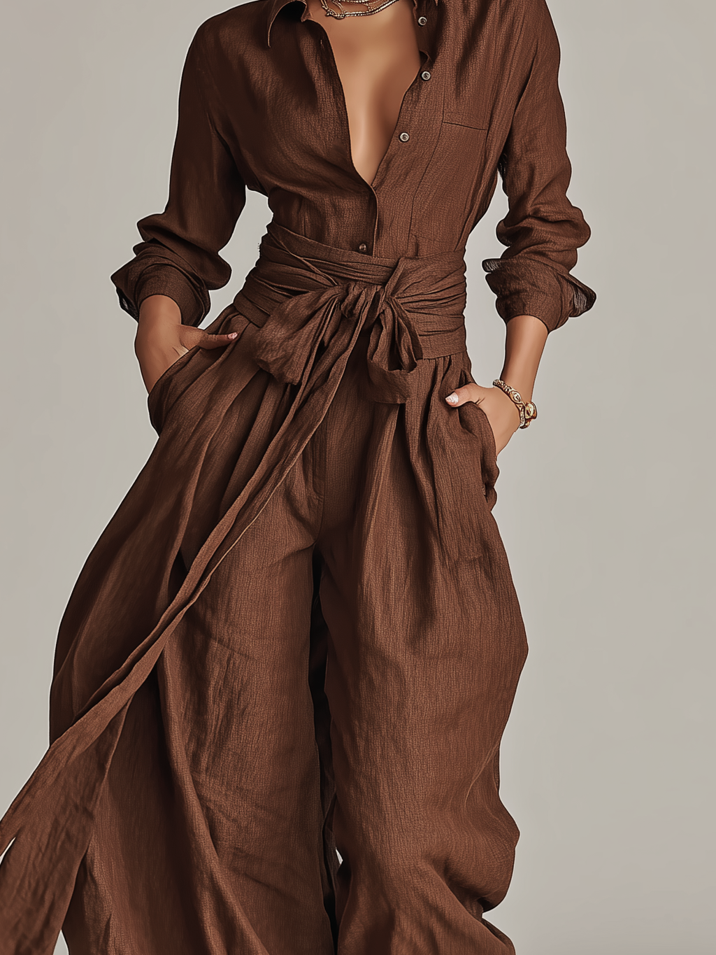Brown Woven Cotton-Linen Long-Sleeved Jumpsuit with Belt for Women
