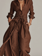 Brown Woven Cotton-Linen Long-Sleeved Jumpsuit with Belt for Women
