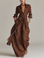 Brown Woven Cotton-Linen Long-Sleeved Jumpsuit with Belt for Women