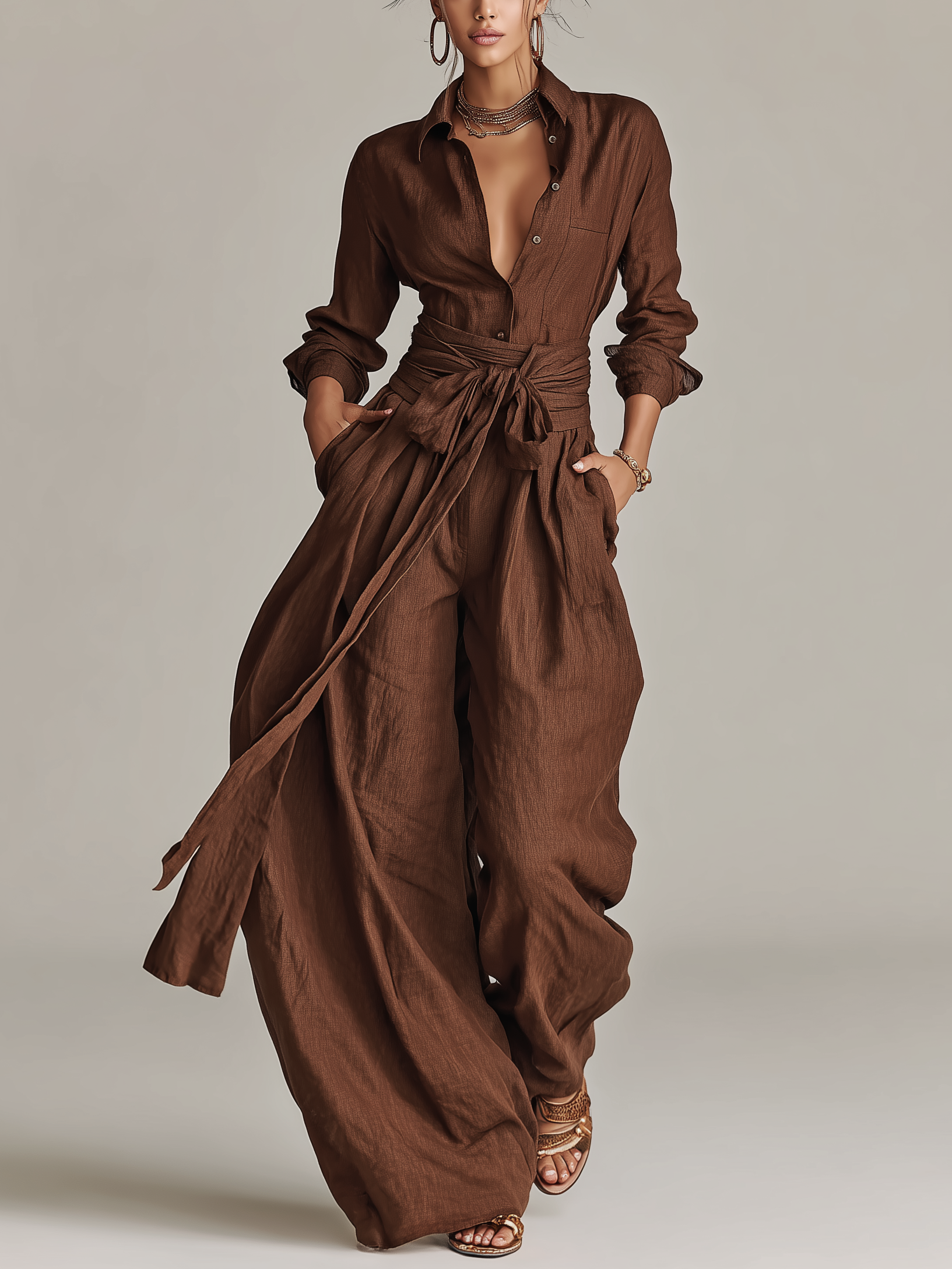 Brown Woven Cotton-Linen Long-Sleeved Jumpsuit with Belt for Women