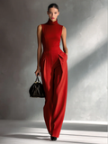 Burgundy Cotton-Linen Blend Sleeveless Turtleneck Wide-Leg Jumpsuit