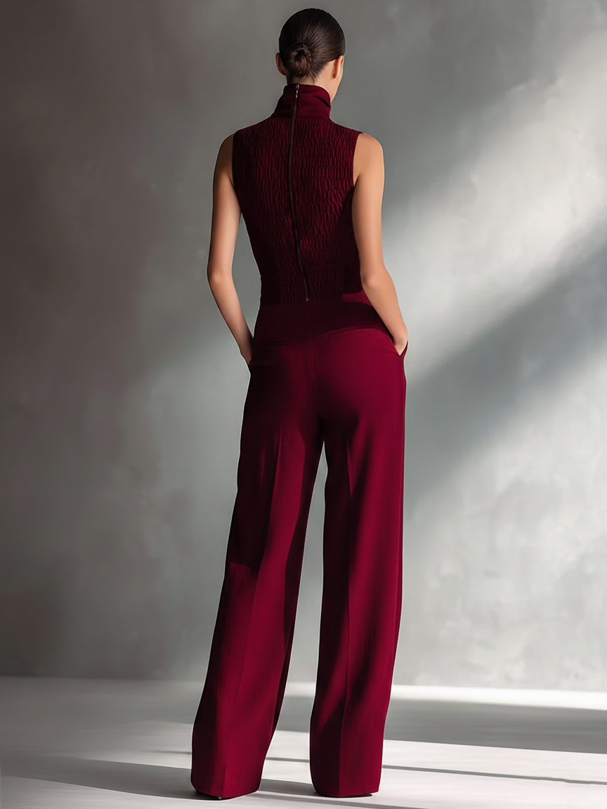 Burgundy Cotton-Linen Blend Sleeveless Turtleneck Wide-Leg Jumpsuit
