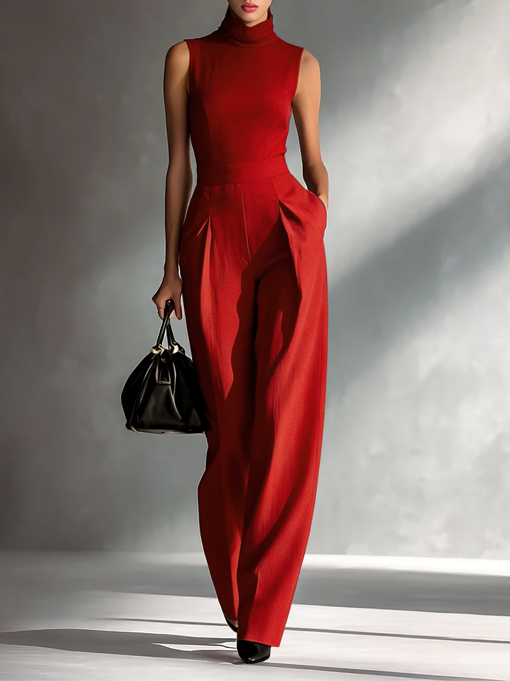 Burgundy Cotton-Linen Blend Sleeveless Turtleneck Wide-Leg Jumpsuit