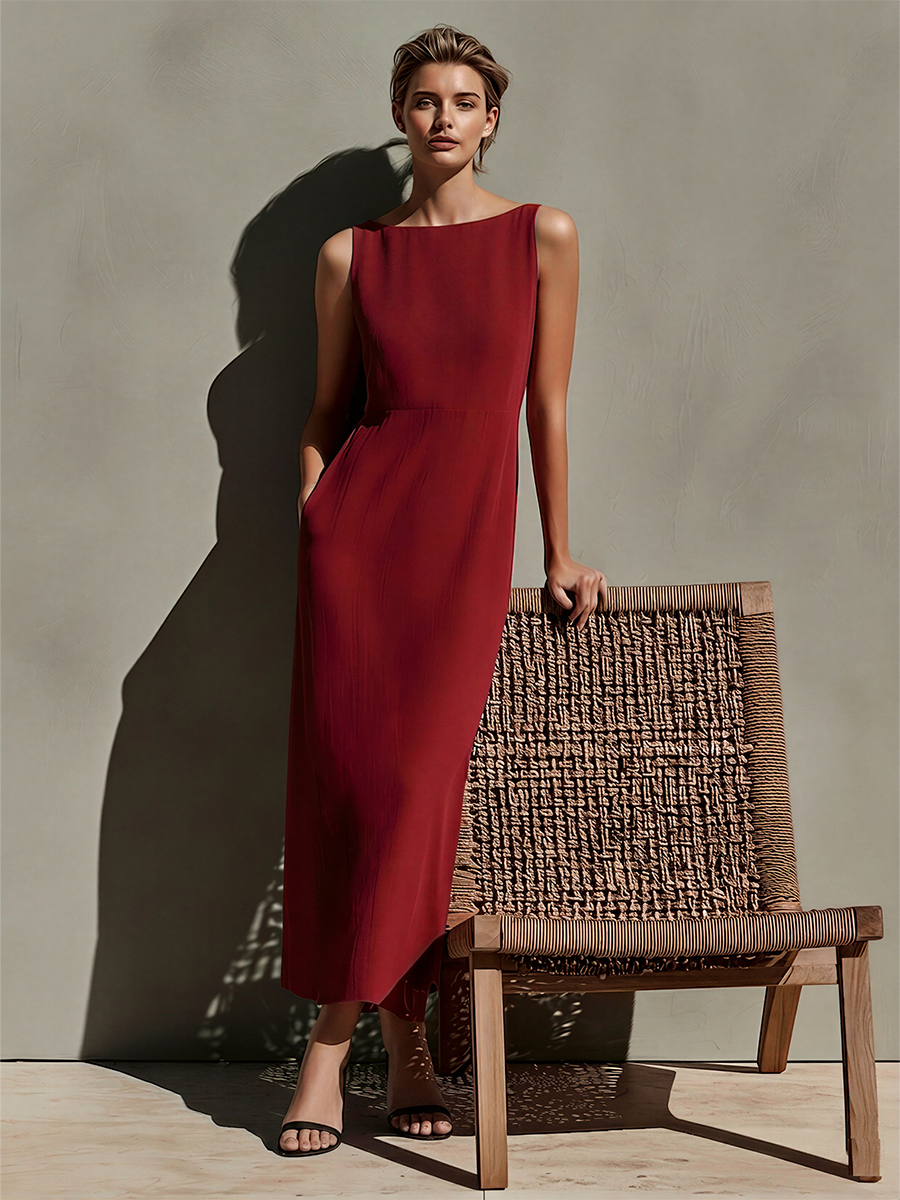 Burgundy Linen Maxi Dress for Women - Sleeveless, Boat Neck, High Waist, Summer