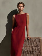 Burgundy Linen Maxi Dress for Women - Sleeveless, Boat Neck, High Waist, Summer