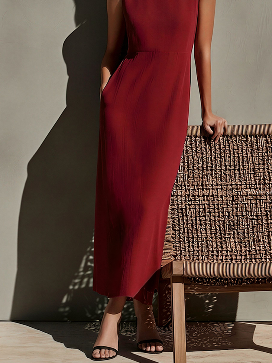 Burgundy Linen Maxi Dress for Women - Sleeveless, Boat Neck, High Waist, Summer