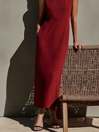 Burgundy Linen Maxi Dress for Women - Sleeveless, Boat Neck, High Waist, Summer
