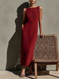 Burgundy Linen Maxi Dress for Women - Sleeveless, Boat Neck, High Waist, Summer