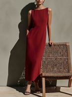 Burgundy Linen Maxi Dress for Women - Sleeveless, Boat Neck, High Waist, Summer