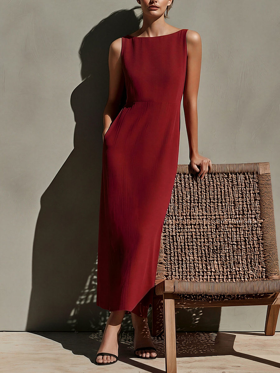 Burgundy Linen Maxi Dress for Women - Sleeveless, Boat Neck, High Waist, Summer