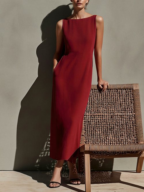 Burgundy Linen Maxi Dress for Women - Sleeveless, Boat Neck, High Waist, Summer