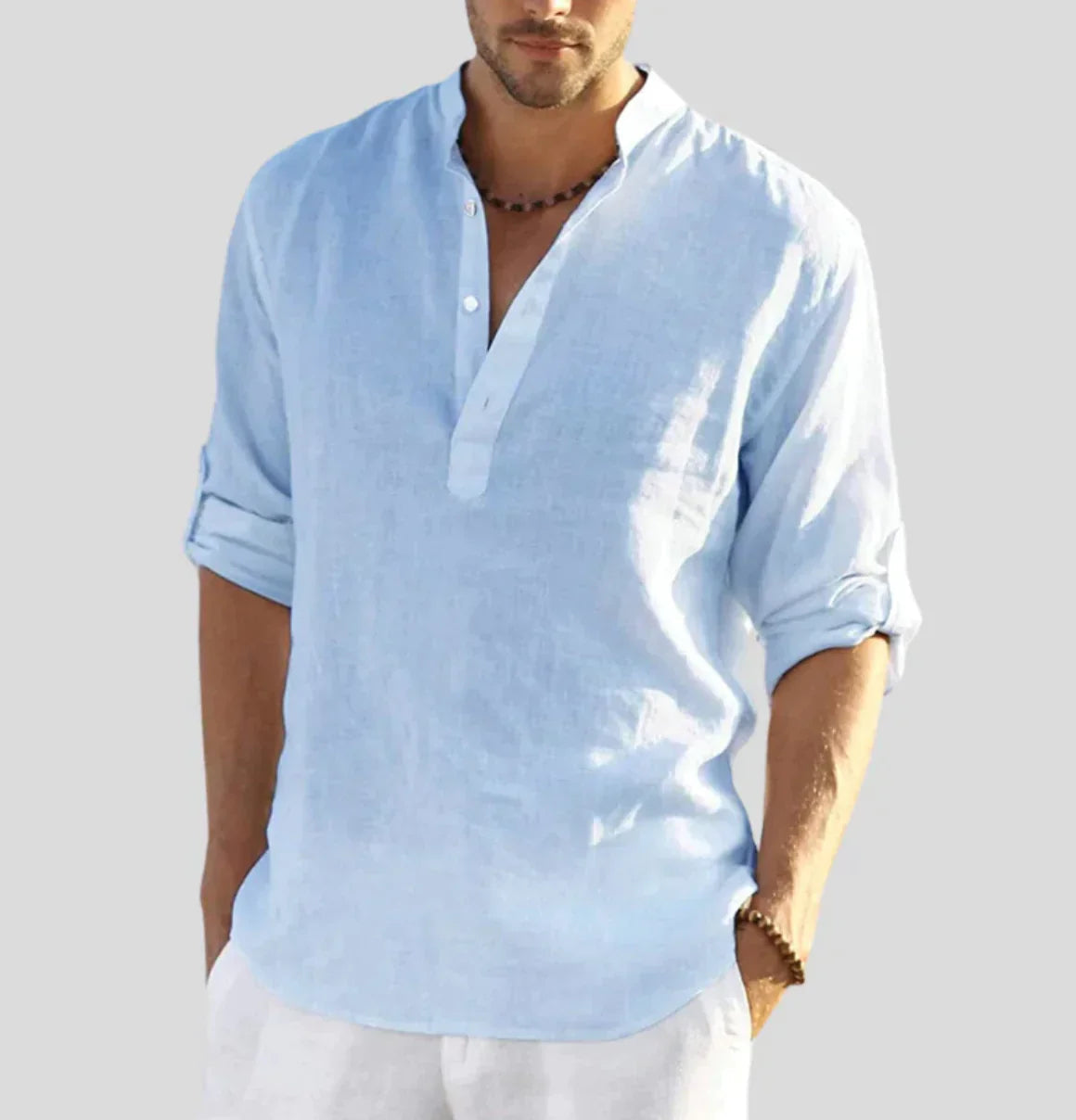 Men's Linen Henley Shirt with Roll-Up Sleeves for Casual Wear