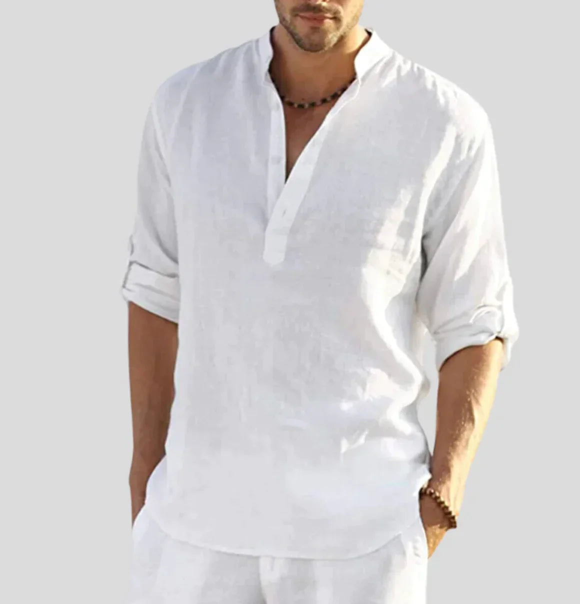 Men's Linen Henley Shirt with Roll-Up Sleeves for Casual Wear