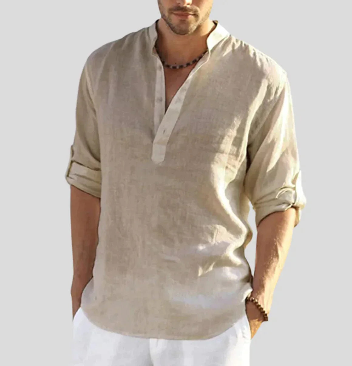 Men's Linen Henley Shirt with Roll-Up Sleeves for Casual Wear