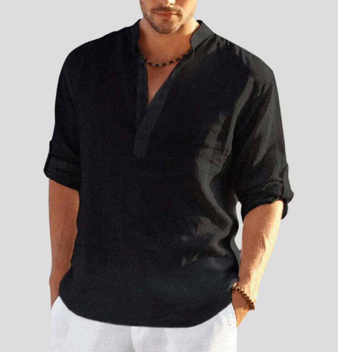 Men's Linen Henley Shirt with Roll-Up Sleeves for Casual Wear