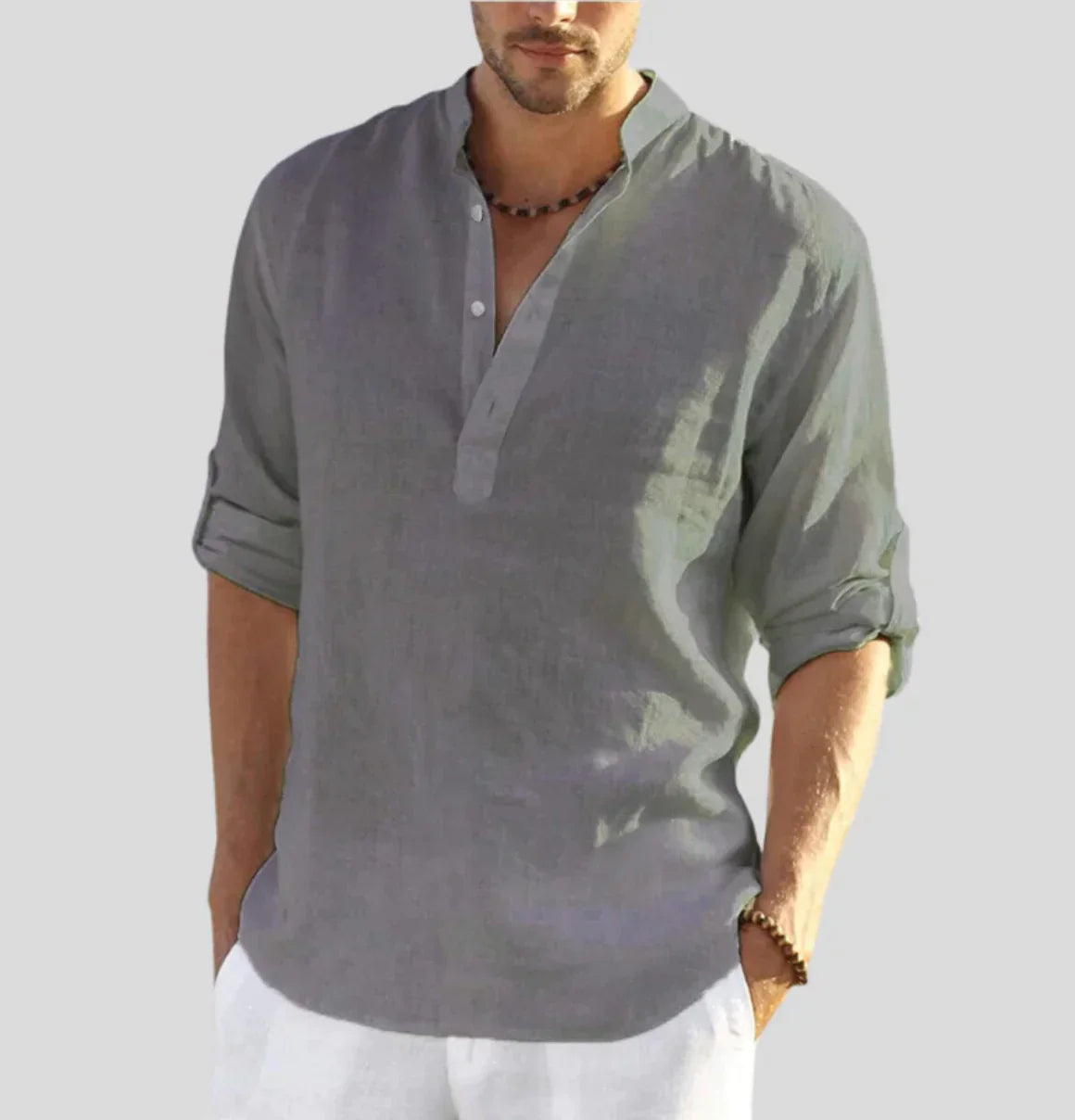 Men's Linen Henley Shirt with Roll-Up Sleeves for Casual Wear