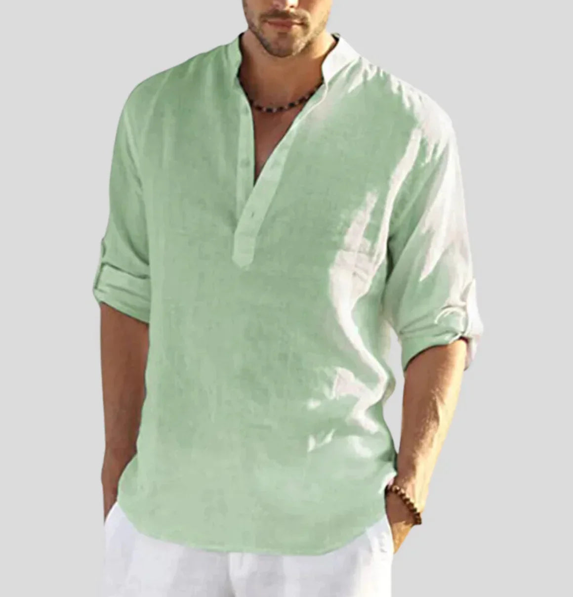 Men's Linen Henley Shirt with Roll-Up Sleeves for Casual Wear