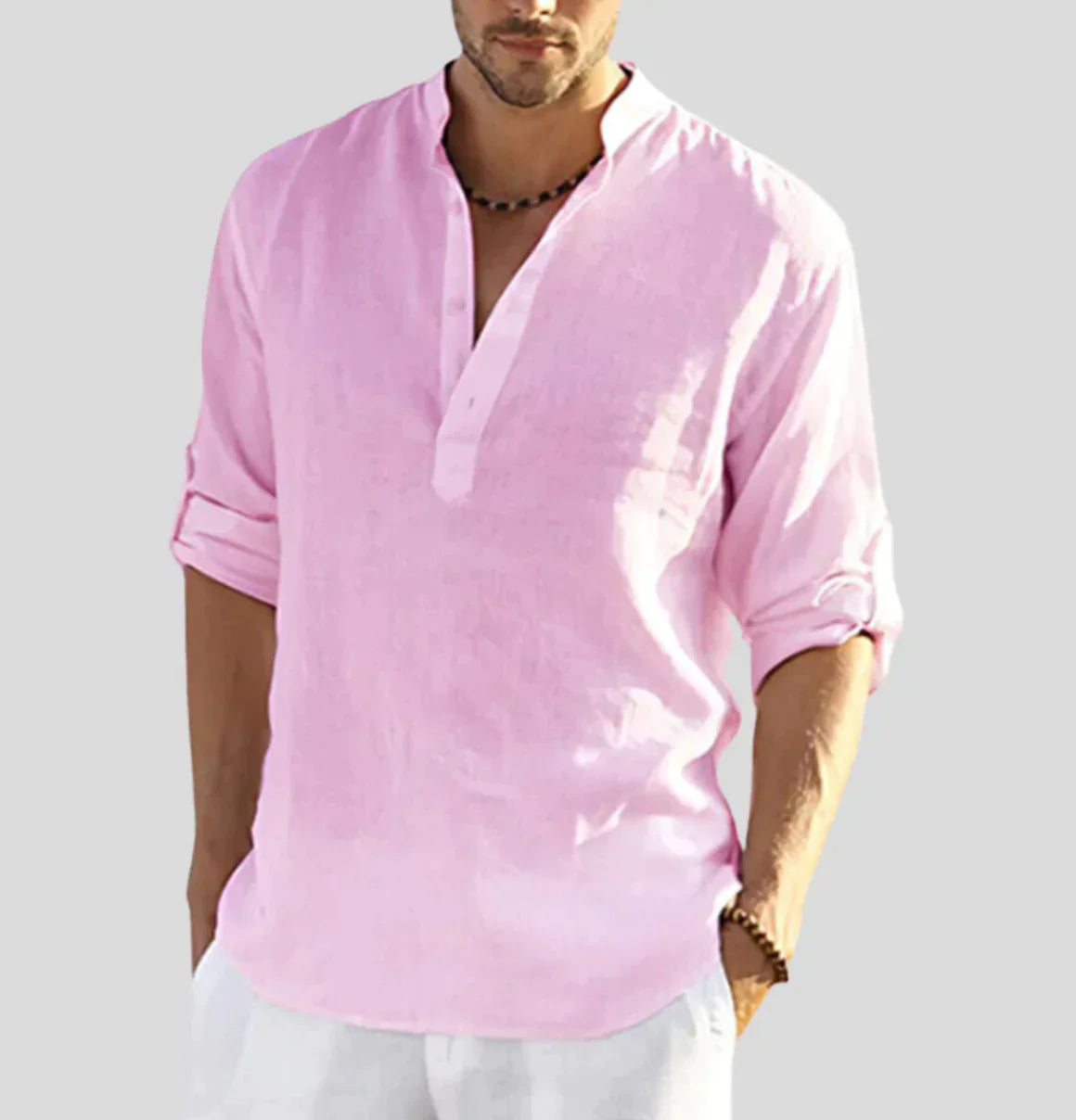 Men's Linen Henley Shirt with Roll-Up Sleeves for Casual Wear