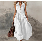 Sleeveless Pleated Maxi Dress for Women - High Waist Casual White Summer Dress