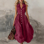 Sleeveless Pleated Maxi Dress for Women - High Waist Casual White Summer Dress