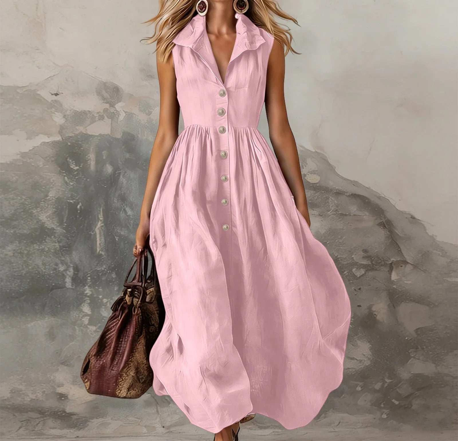 Sleeveless Pleated Maxi Dress for Women - High Waist Casual White Summer Dress