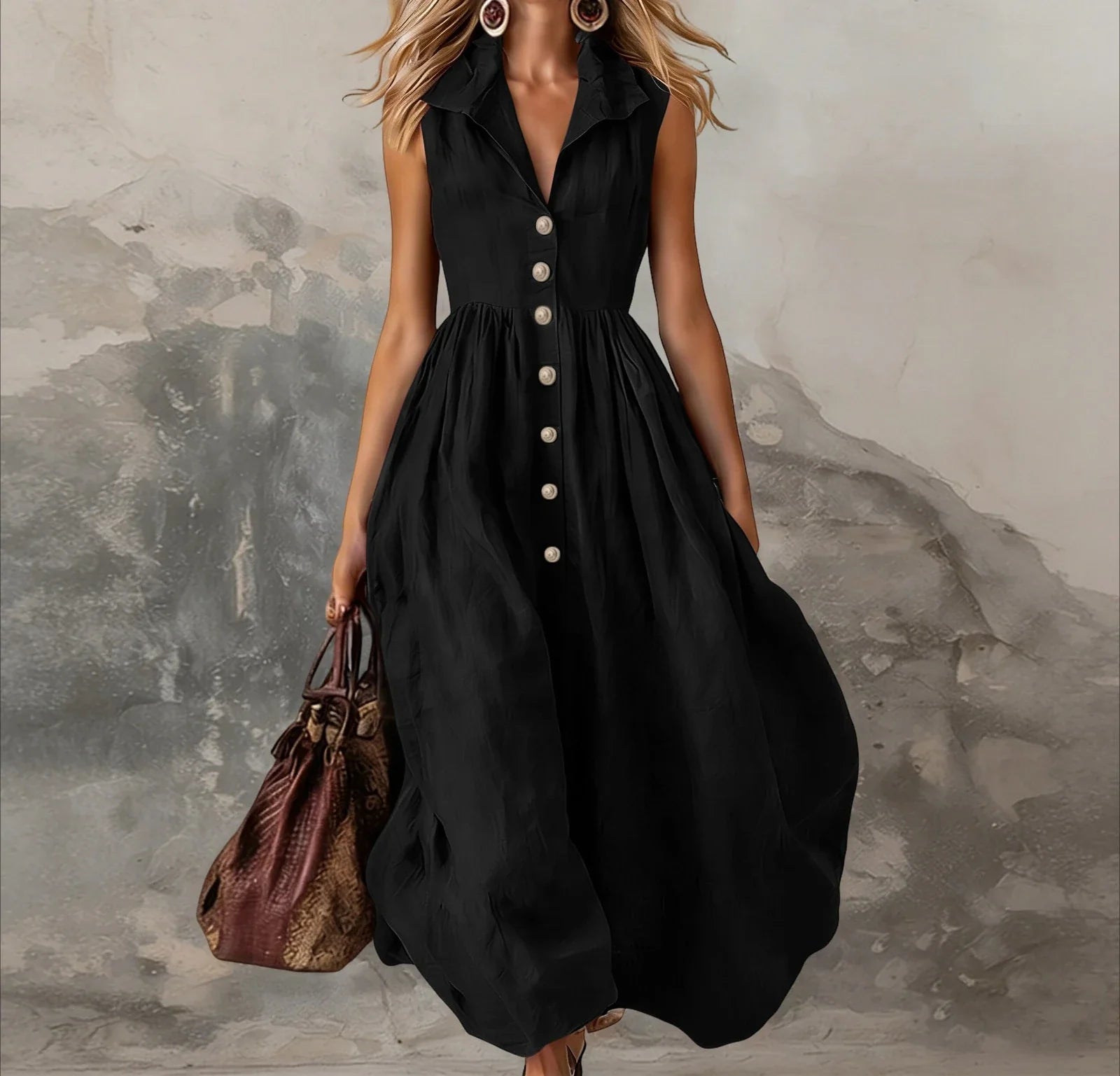 Sleeveless Pleated Maxi Dress for Women - High Waist Casual White Summer Dress