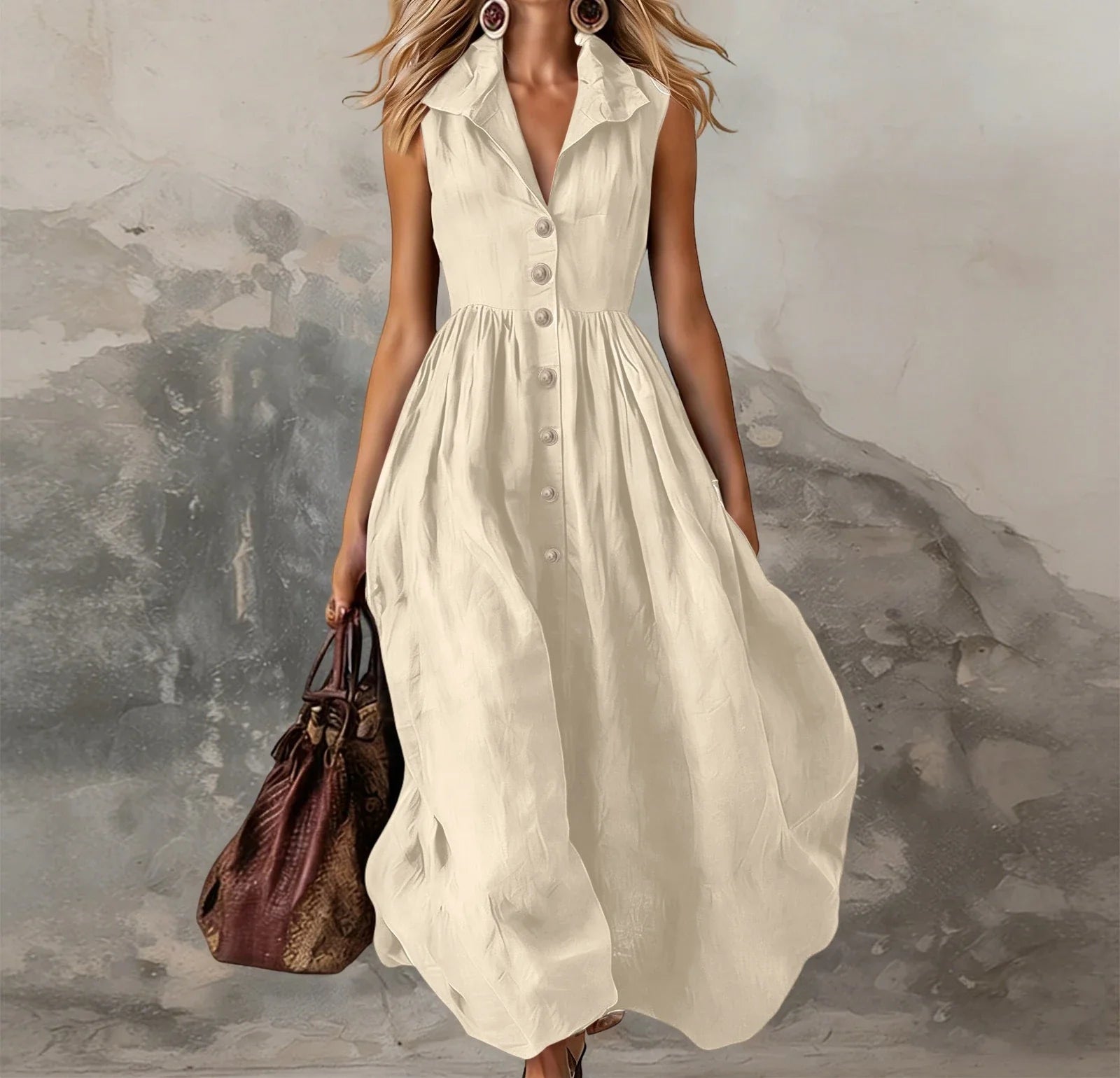 Sleeveless Pleated Maxi Dress for Women - High Waist Casual White Summer Dress