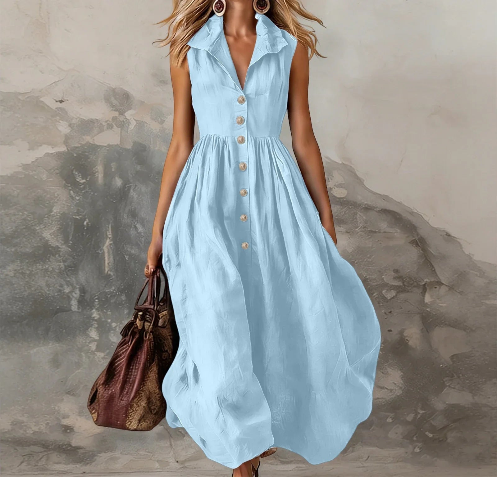 Sleeveless Pleated Maxi Dress for Women - High Waist Casual White Summer Dress