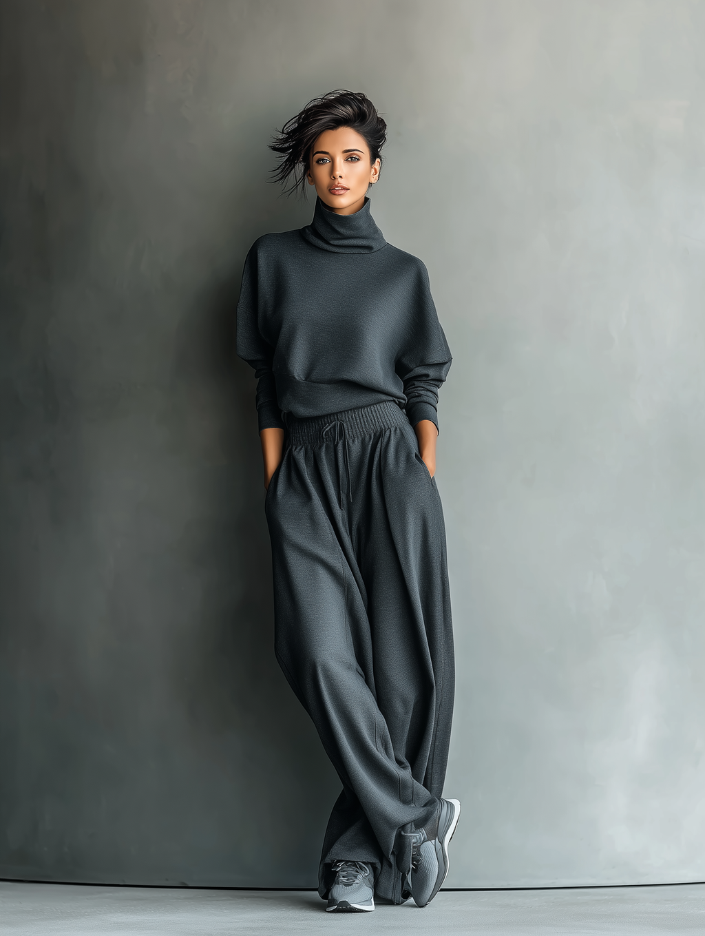Charcoal Knit Turtleneck Oversized Top & Wide-Leg Pants Set for Women