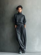 Charcoal Knit Turtleneck Oversized Top & Wide-Leg Pants Set for Women