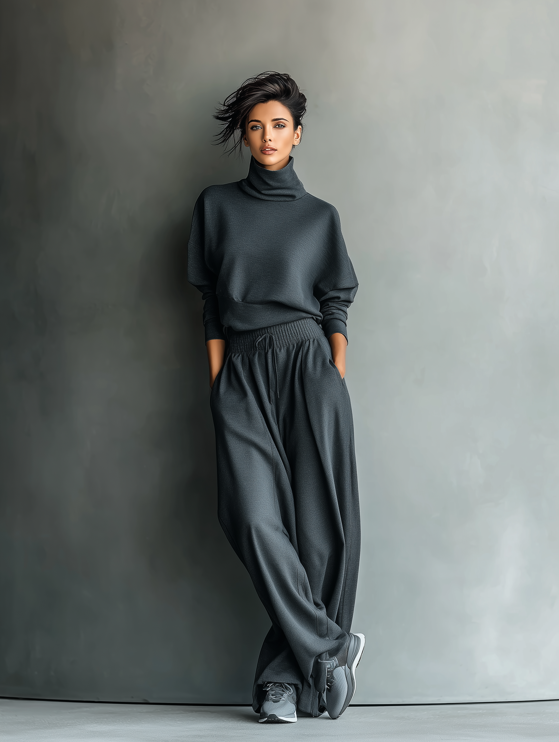 Charcoal Knit Turtleneck Oversized Top & Wide-Leg Pants Set for Women
