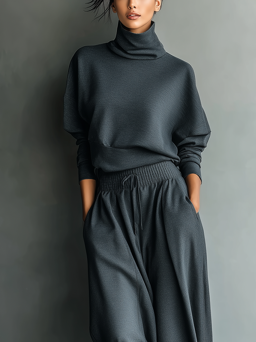Charcoal Knit Turtleneck Oversized Top & Wide-Leg Pants Set for Women