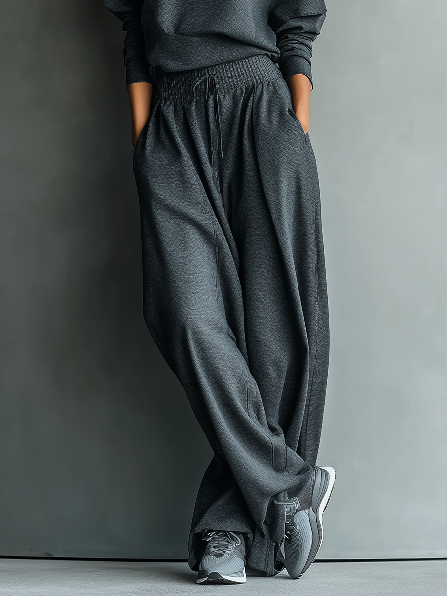 Charcoal Knit Turtleneck Oversized Top & Wide-Leg Pants Set for Women