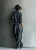 Charcoal Knit Turtleneck Oversized Top & Wide-Leg Pants Set for Women