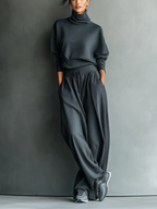 Charcoal Knit Turtleneck Oversized Top & Wide-Leg Pants Set for Women